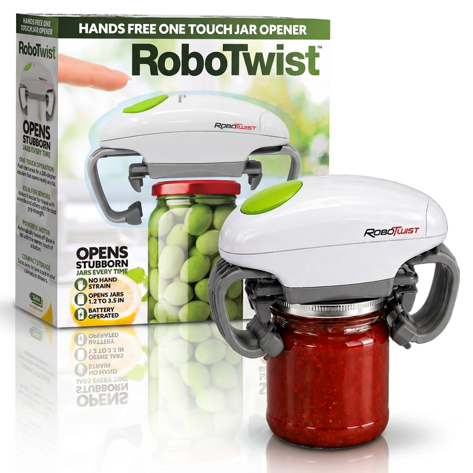 RoboTwist Automatic Jar Opener, white unit shown gripping a jar